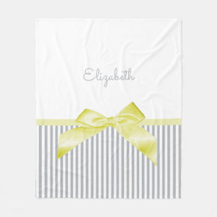Cute Yellow Bow With Girly Gray Stripes and Name Fleece Blanket