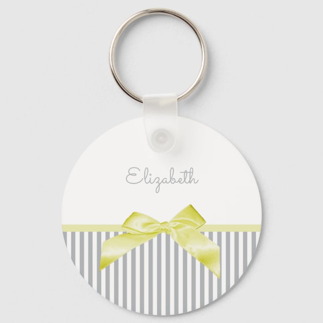Cute Yellow Bow With Girly Gray Stripes and Name Keychain (Front)