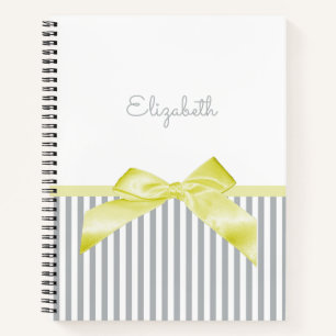 Cute Yellow Bow With Girly Gray Stripes and Name Notebook