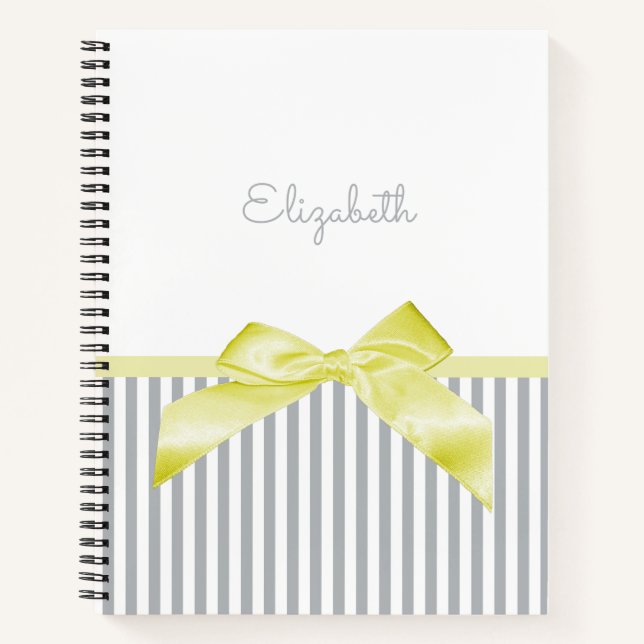 Cute Yellow Bow With Girly Gray Stripes and Name Notebook (Front)