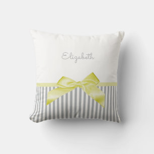Cute Yellow Bow With Girly Gray Stripes and Name Throw Pillow