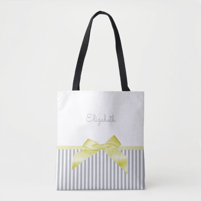 Cute Yellow Bow With Girly Gray Stripes and Name Tote Bag (Front)
