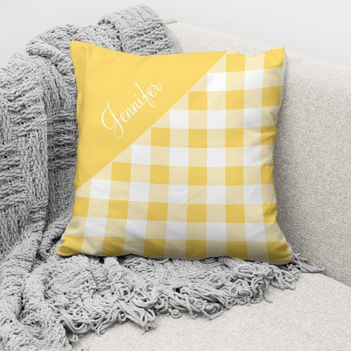 Cute Yellow Buffalo Plaid Check Pattern Name Throw Pillow