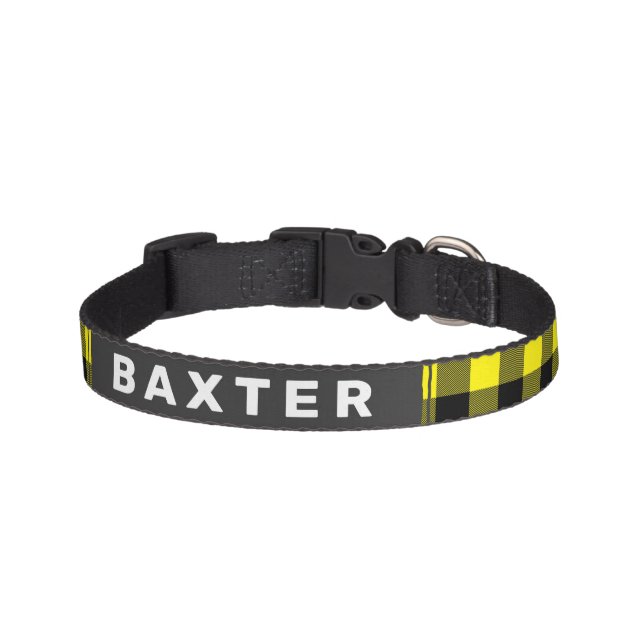 Cute Yellow Buffalo Plaid Personalized Dog Pet Collar (Front)