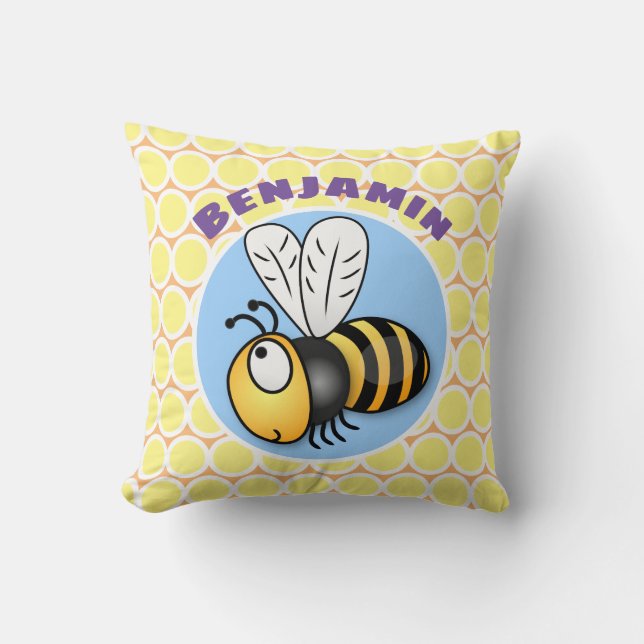 Cute yellow bumble bee cartoon illustration throw pillow (Front)