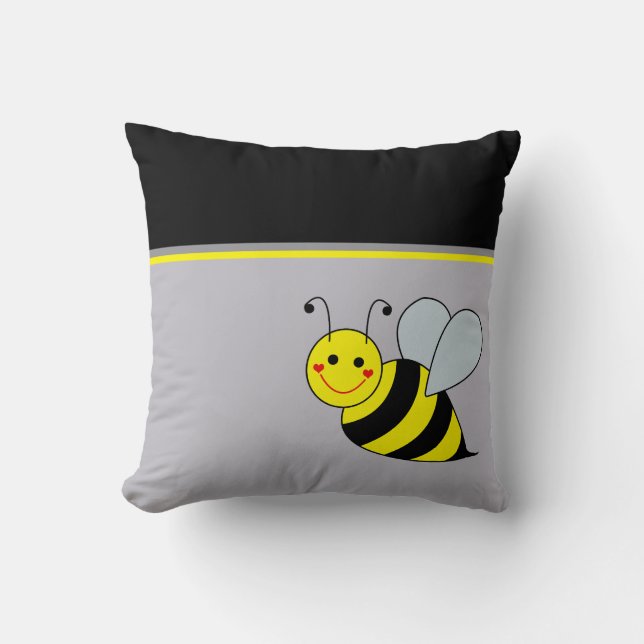 Cute Yellow Bumble Bee Gray Throw Pillow (Front)