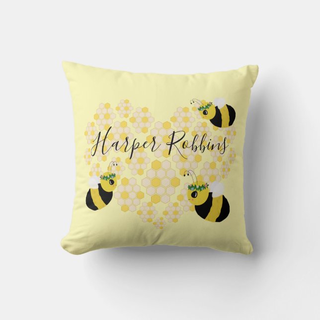 Cute Yellow Bumble Bee Honeycomb Heart Baby Room Throw Pillow (Front)