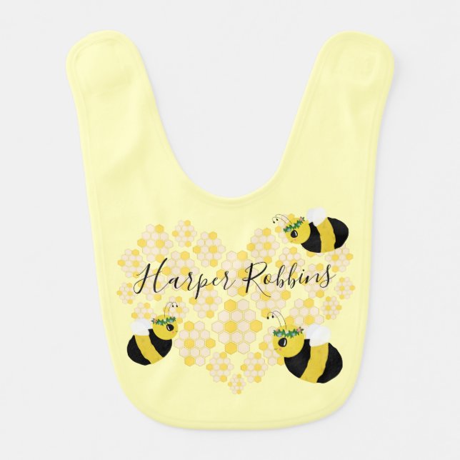 Cute Yellow Bumble Bee Honeycomb Heart Baby Shower Baby Bib (Front)