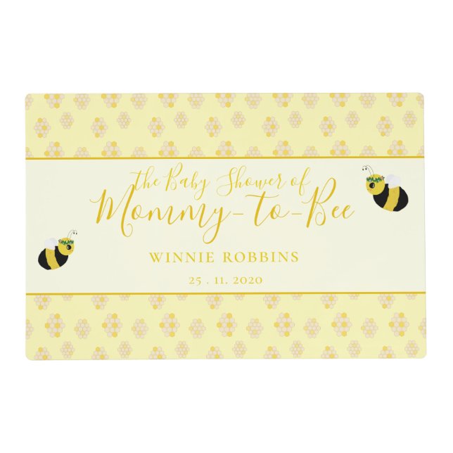 Cute Yellow Bumble Bee Honeycomb Heart Baby Shower Placemat (Front)