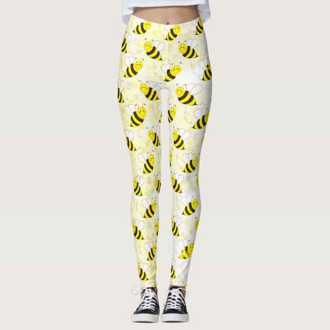 Cute Yellow Bumble Bee Pattern Leggings (Front)