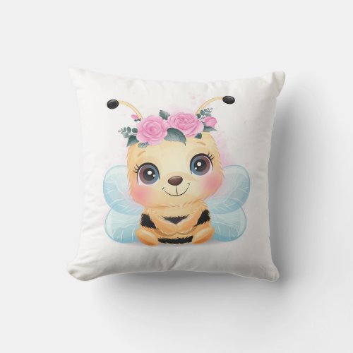 Cute Yellow Bumble Bee Pink Roses Throw Pillow