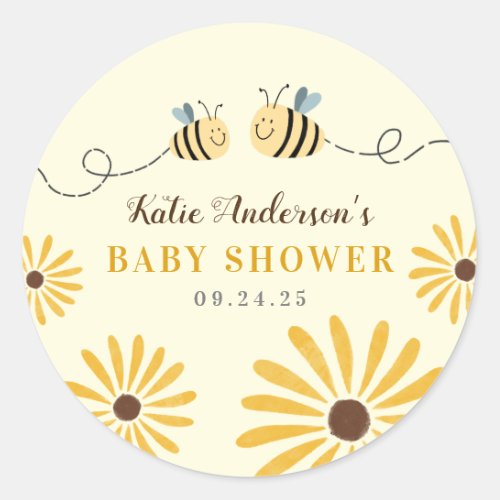 Cute Yellow Bumblebee and Sunflowers Baby Shower Classic Round Sticker