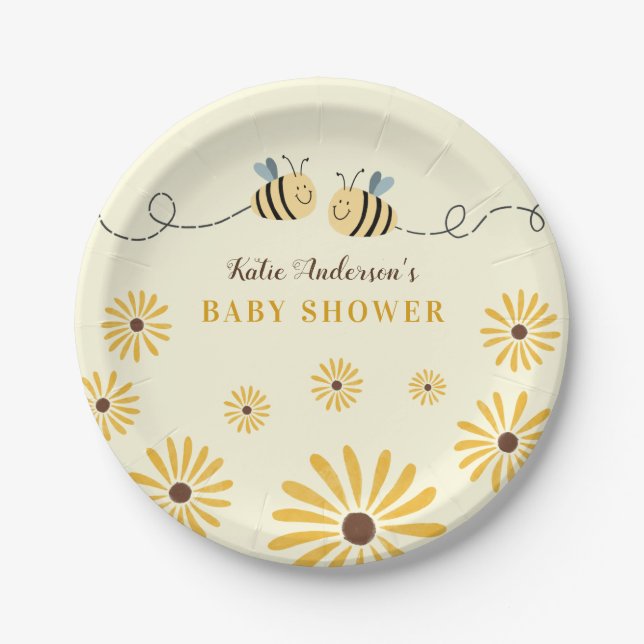 Cute Yellow Bumblebee and Sunflowers Baby Shower Paper Plates (Front)