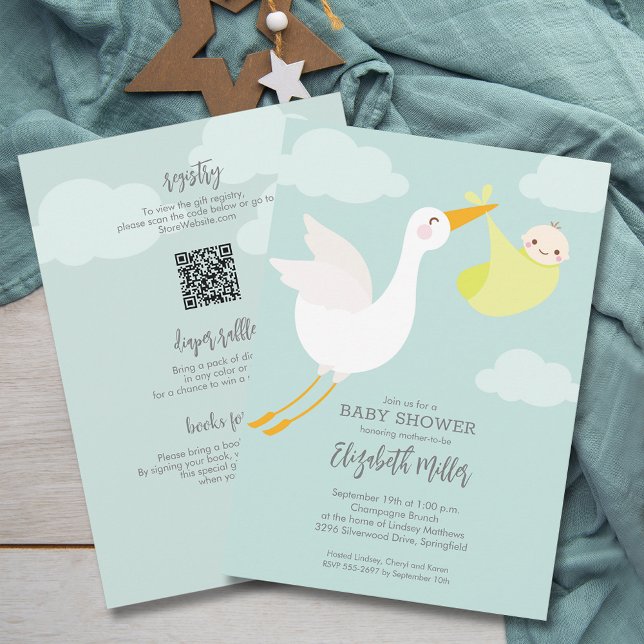 Cute Yellow Bundle Stork Baby Shower All in One Invitation (Cute Yellow Bundle Stork Baby Shower All In One Invitations, registry QR Code & more on the back)