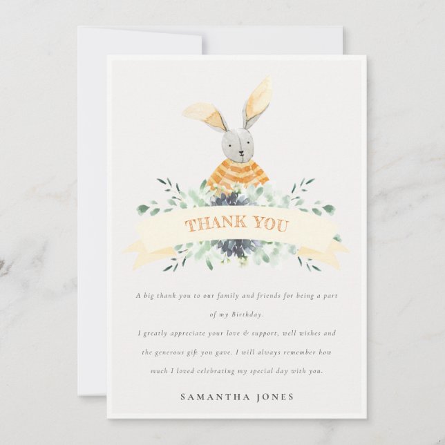 Cute Yellow Bunny Foliage Any Age Birthday Thank You Card (Front)