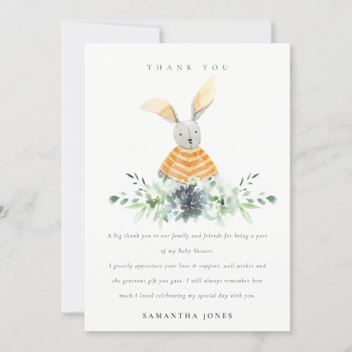 Cute Yellow Bunny Garden Cacti Foliage Baby Shower Thank You Card