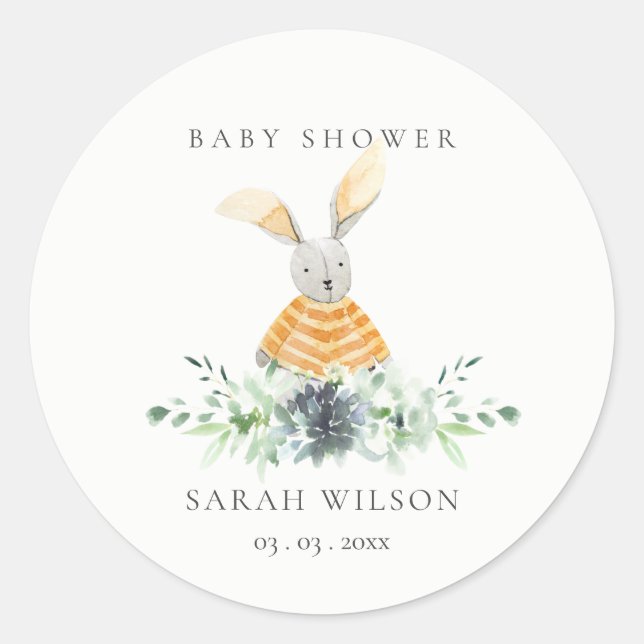 Cute Yellow Bunny Garden Foliage Baby Shower  Classic Round Sticker (Front)