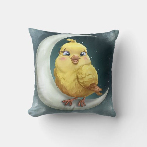 Cute Yellow Canary on a Crescent Moon at Night Throw Pillow