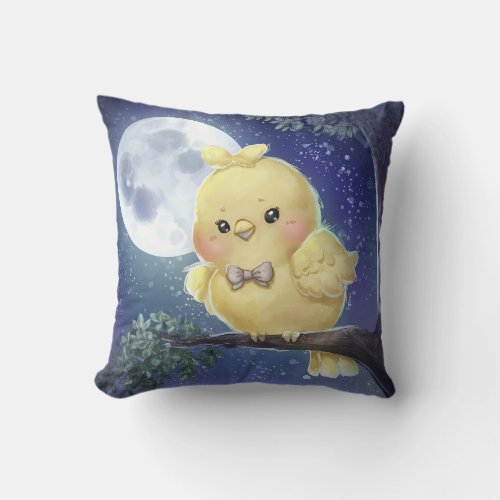 Cute Yellow Canary on a Tree Branch at Full Moon Throw Pillow