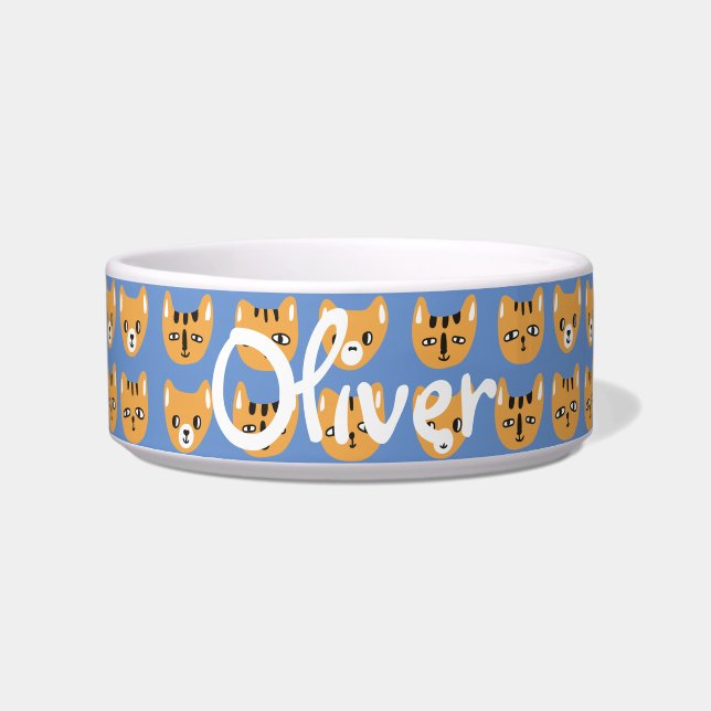 Cute Yellow Cat Head Pattern Customizable Name Bow Bowl (Front)