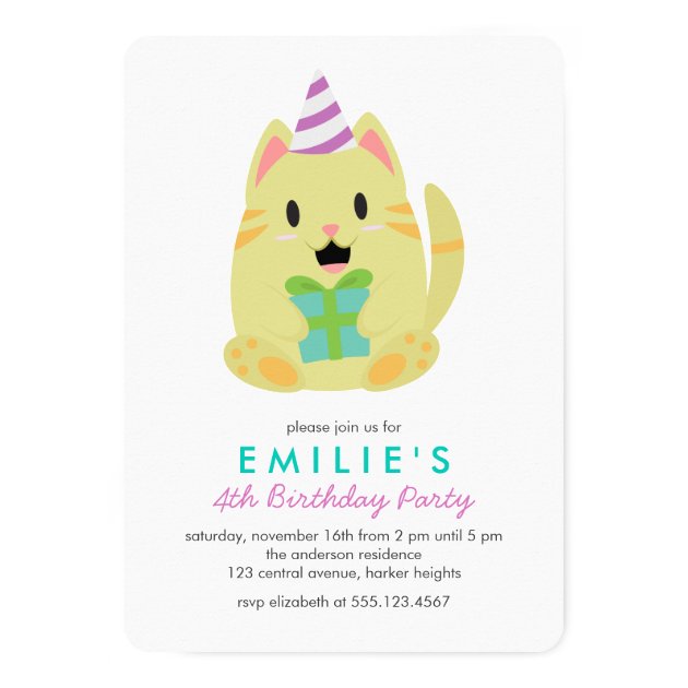 Cute Yellow Cat Kids Birthday Party Invitation