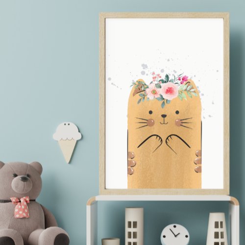 Cute Yellow Cat Watercolor Flowers Nursery Poster