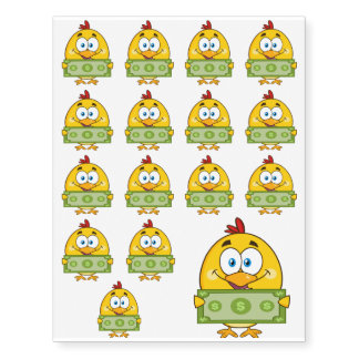 cute yellow chick cartoon character holding cash temporary tattoos