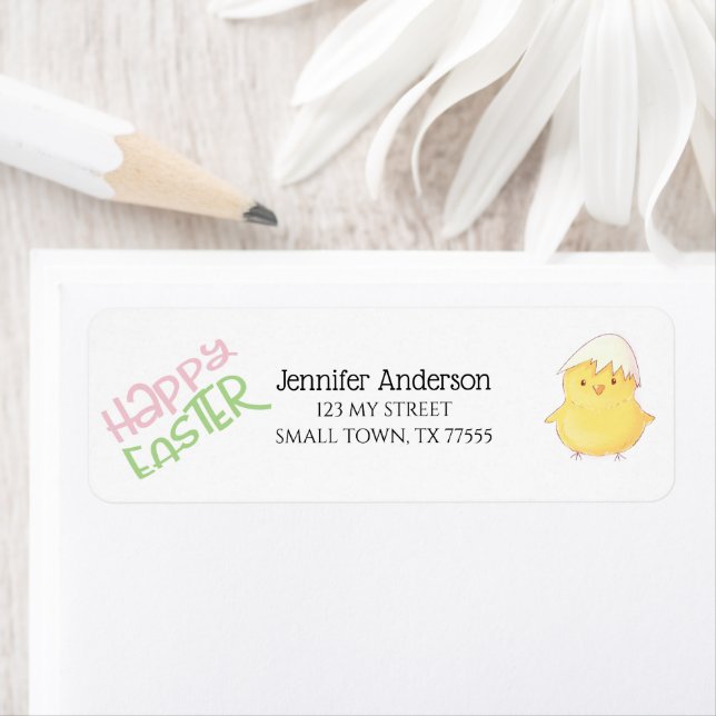 Cute Yellow Chick Happy Easter Pink Green Address Label (Insitu)