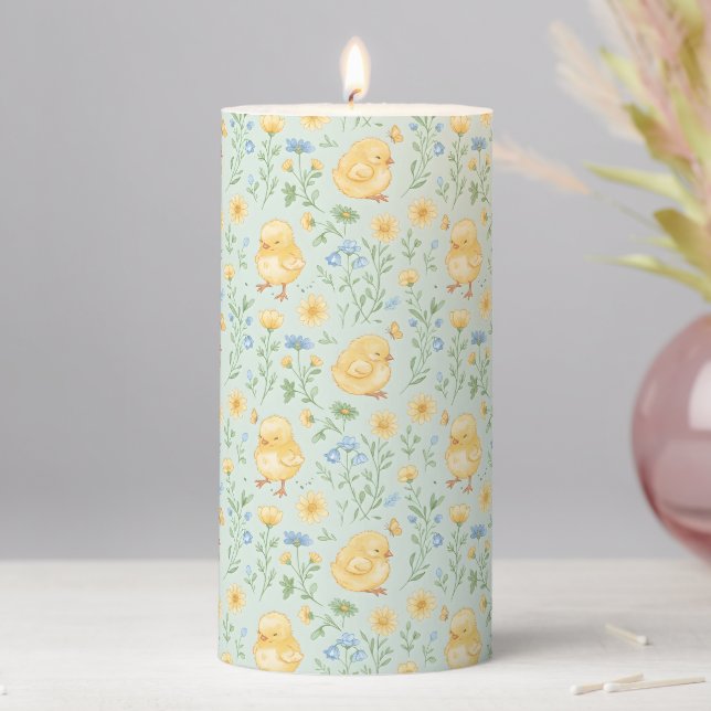 Cute Yellow Chicks and Flowers Pattern Pillar Candle (In Situ)