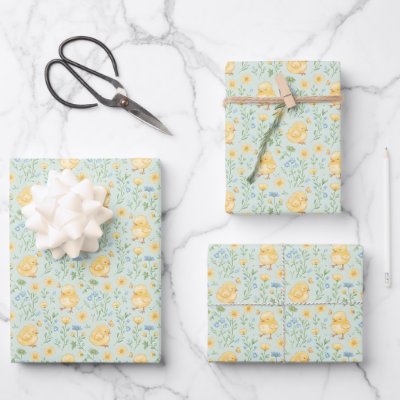 Cute Yellow Chicks and Flowers Pattern Wrapping Paper Sheets