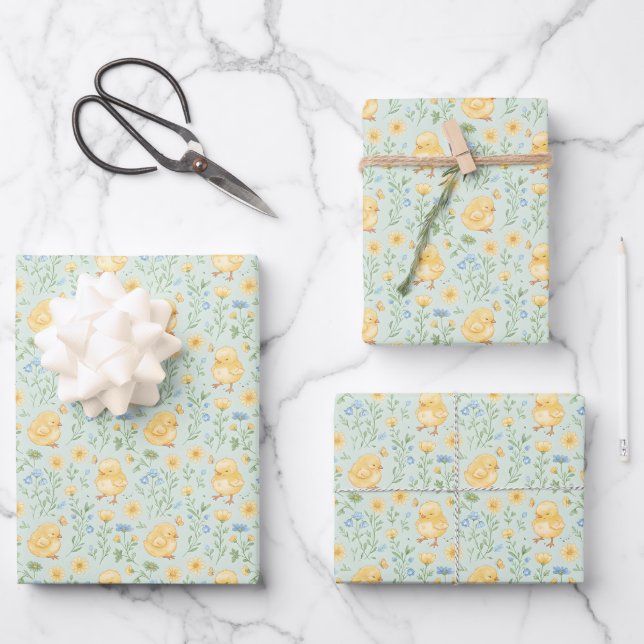 Cute Yellow Chicks and Flowers Pattern Wrapping Paper Sheets (Front)