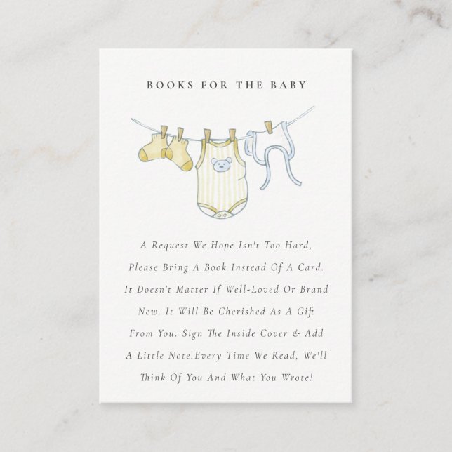 Cute Yellow Clothesline Books for Baby Shower Enclosure Card (Front)