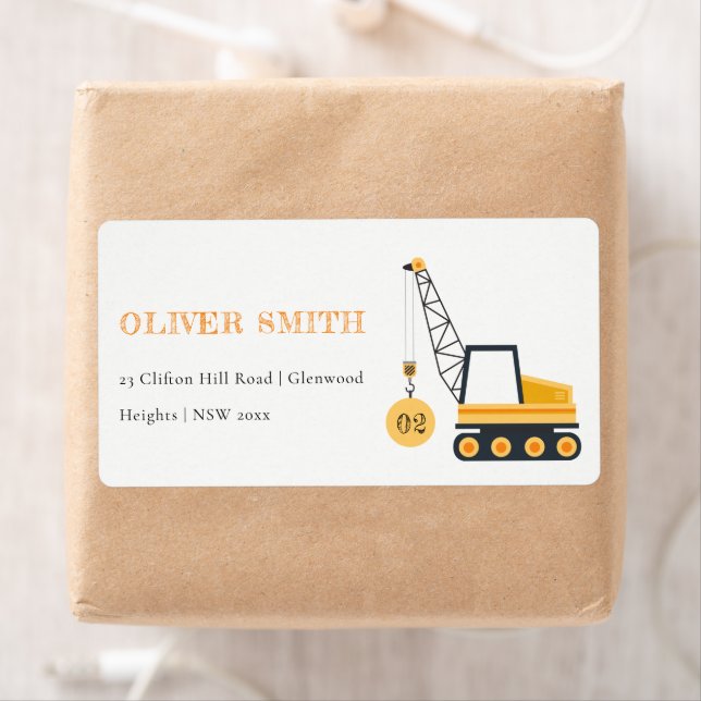 Cute Yellow Construction Crane Vehicle Address  Label (Insitu)