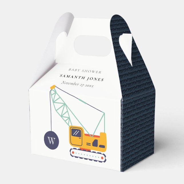 Cute Yellow Construction Crane Vehicle Baby Shower Favor Boxes (Front Side)