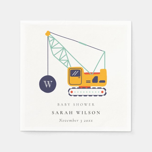 Cute Yellow Construction Crane Vehicle Baby Shower Napkins (Front)