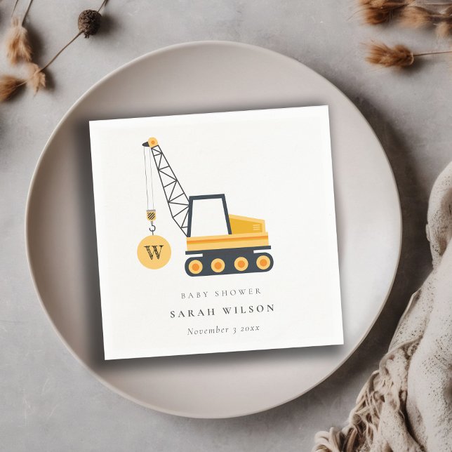 Cute Yellow Construction Crane Vehicle Baby Shower Napkins (Creator Uploaded)