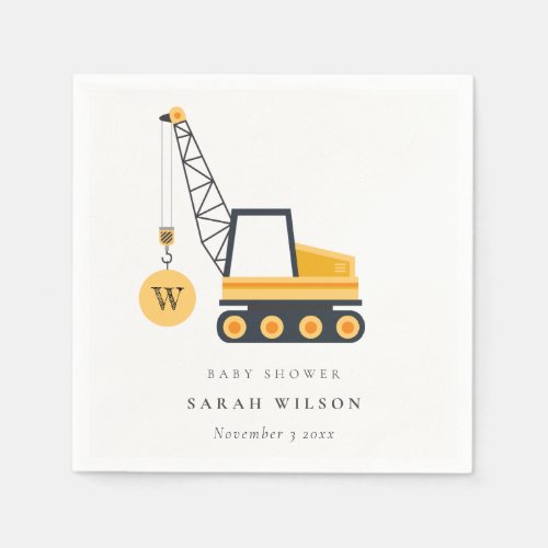 Cute Yellow Construction Crane Vehicle Baby Shower