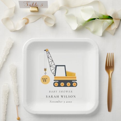 Cute Yellow Construction Crane Vehicle Baby Shower