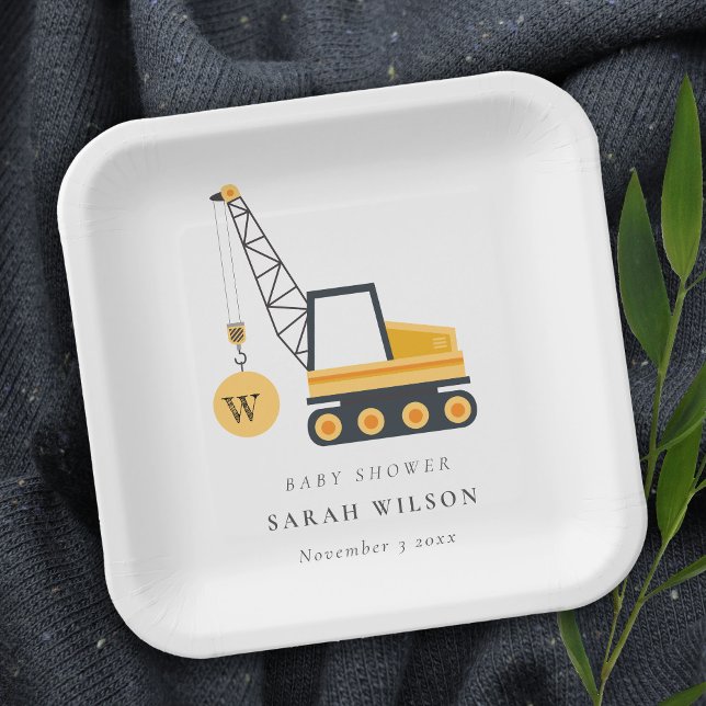 Cute Yellow Construction Crane Vehicle Baby Shower Paper Plates (Creator Uploaded)