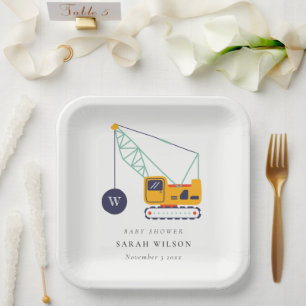 Cute Yellow Construction Crane Vehicle Baby Shower Paper Plates