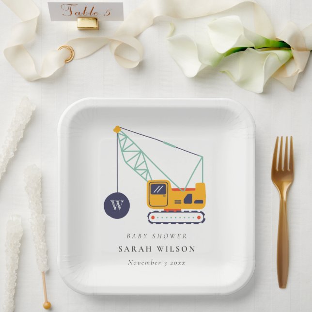 Cute Yellow Construction Crane Vehicle Baby Shower Paper Plates (Wedding)