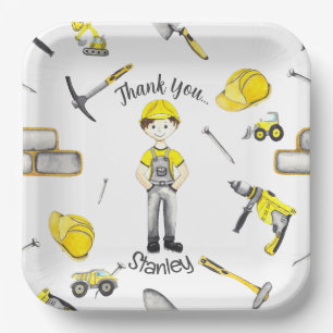 Cute Yellow Construction Truck Dump Pattern Paper Plates