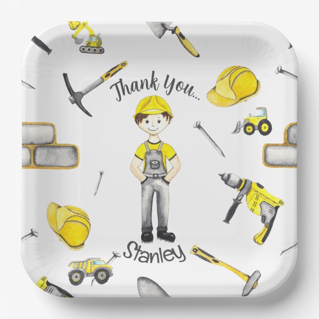 Cute Yellow Construction Truck Dump Pattern Paper Plates (Front)