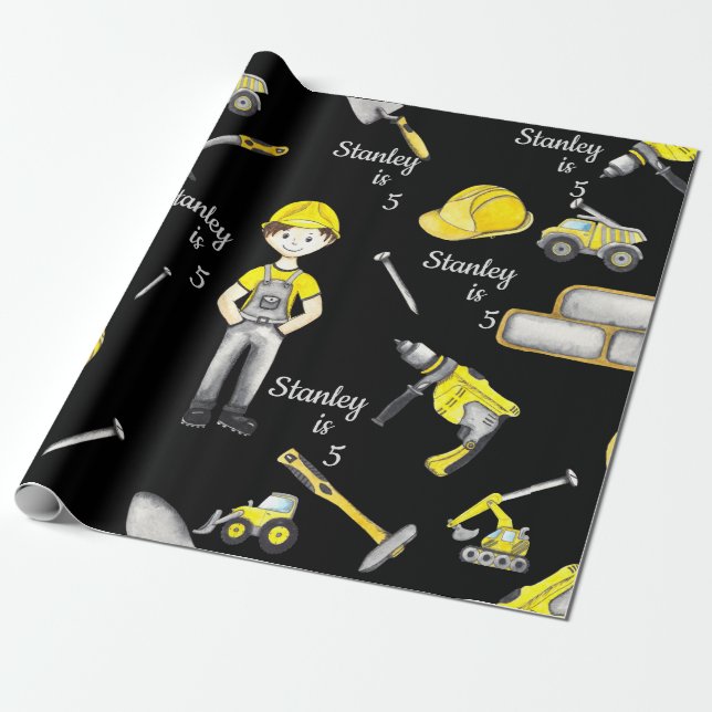 Cute Yellow Construction Truck Dump Pattern Party Wrapping Paper (Unrolled)