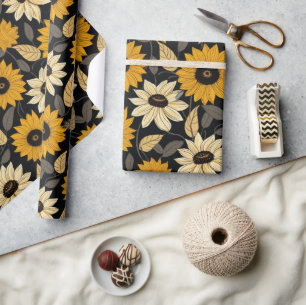 Cute Yellow Cream Sunflowers Black Wrapping Paper