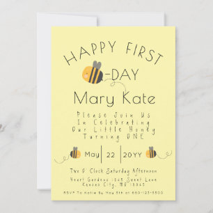 Cute Yellow Customized Honey Bee First Birthday Invitation