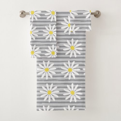 Cute Yellow Daisy Floral Gray Stripes Pattern Bath Towel Set