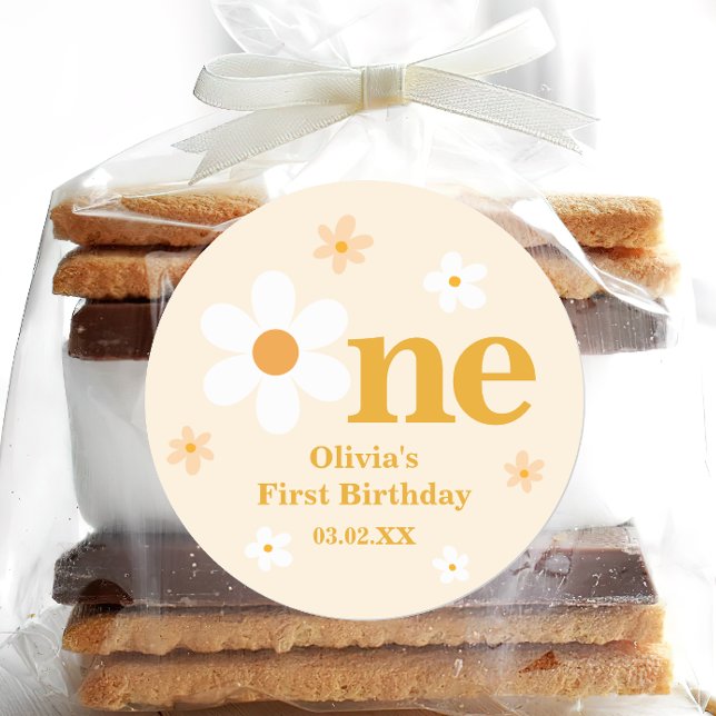 Cute Yellow Daisy One 1st Birthday  Classic Round Sticker (Creator Uploaded)