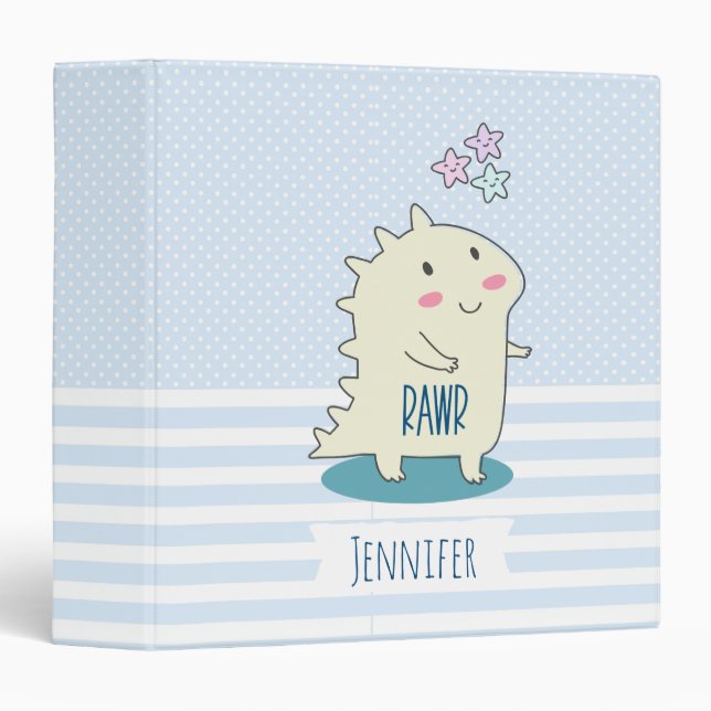 Cute Yellow Dino with Happy Stars 3 Ring Binder (Front/Spine)