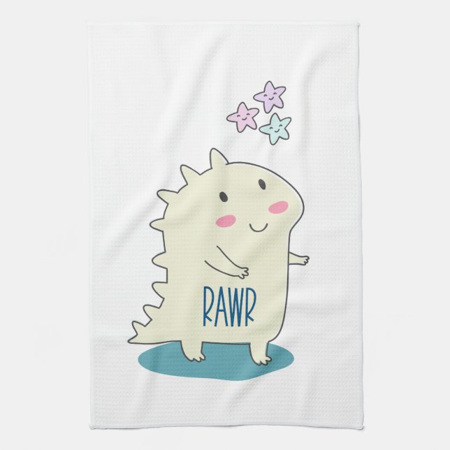 Cute Yellow Dino with Happy Stars Kitchen Towel (Vertical)